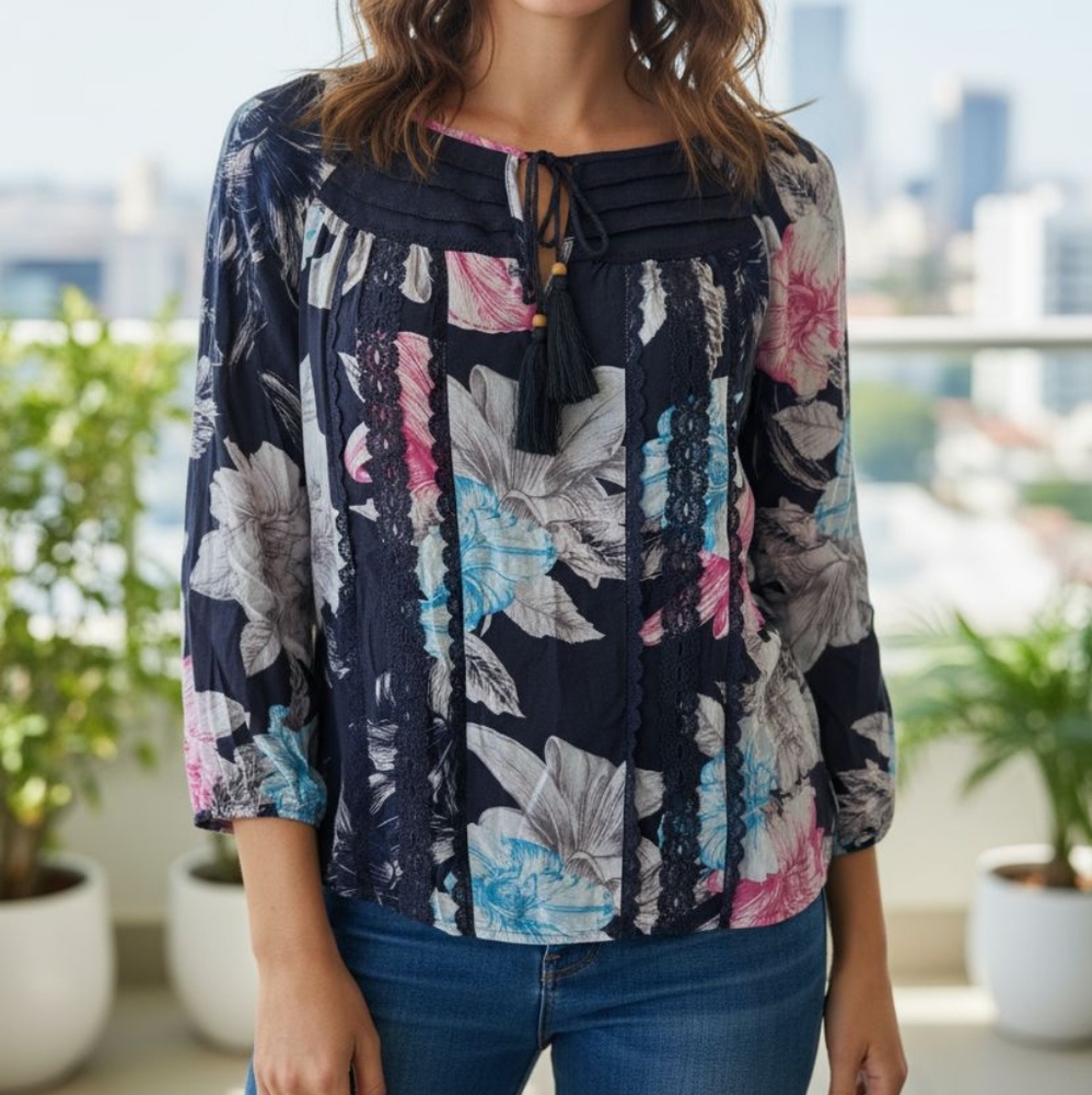 Vintage America Women's Navy Floral Blouse with Lace Size Large Boho